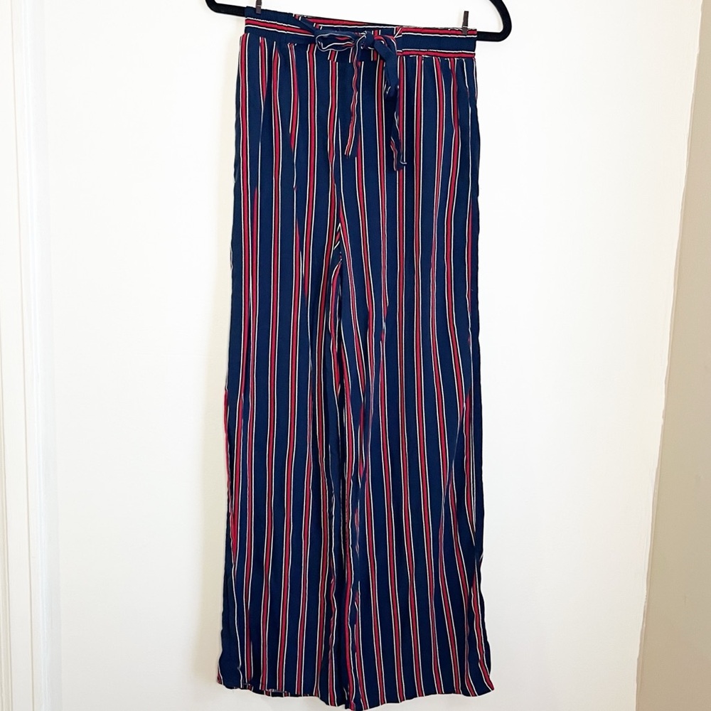 Fashion Nova Navy, Red, White Striped Pants with Paper Bag Tie, Elastic Waist